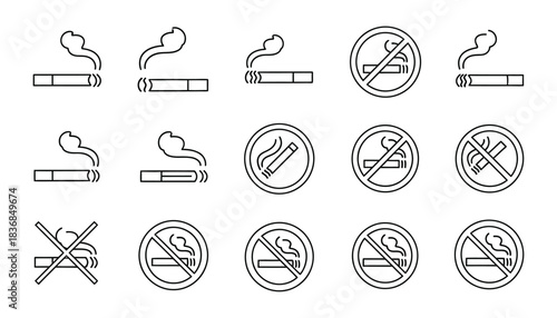 No smoking icons and cigarette symbols in line art style isolated on