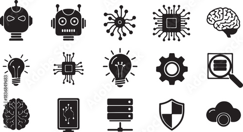 Technology and Science Icons Robot Brain CPU Chip Server Shield Cloud
