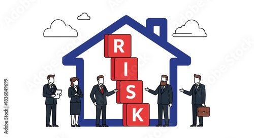 Business people assess potential risks to home and finances, represented by falling blocks