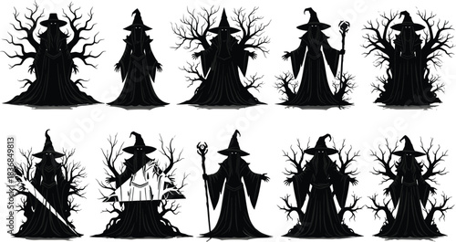 Dark hooded wizard characters with magic staffs, eerie tree branches, mysterious cloaks, shadowy sorcerer figures, perfect for fantasy, Halloween, gothic vector illustration themes