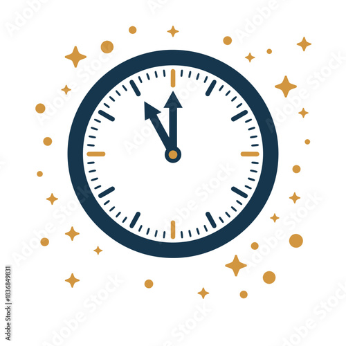 Happy new year 2026 countdown, classic midnight clock face, gold sparkles, elegant party emblem, festive celebration vector
