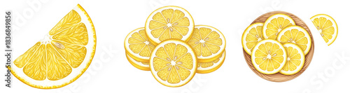 A collection of lemon slices arranged in different styles against a transparent setting viewable on transparent background