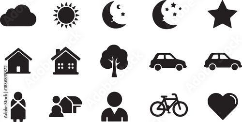 Weather and daily life icons in silhouette cloud moon