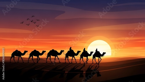 Caravan of Camels Silhouette Walking Across Desert at Sunset Vector