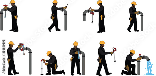 Plumber repairing broken water pipe step by step with tools, valve, wrench, flashlight, safety gear, maintenance process illustration vector