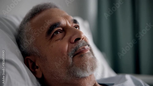 Thoughtful senior patient resting in a hospital bed looking up.