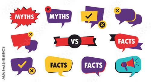 Visual comparison of myths versus facts presented in colorful speech bubbles and banners