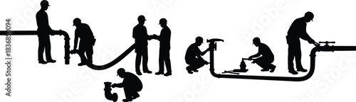 Plumbing teamwork silhouettes showing pipe installation, maintenance, inspection, repair, and collaboration in construction and sanitation industry vector illustration set