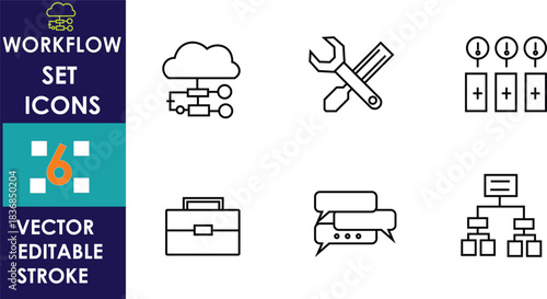 Minimal workflow icon set featuring cloud management, tools, warning indicators, briefcase, chat bubbles, and hierarchical flowchart symbols, designed with simple editable stroke vector lines