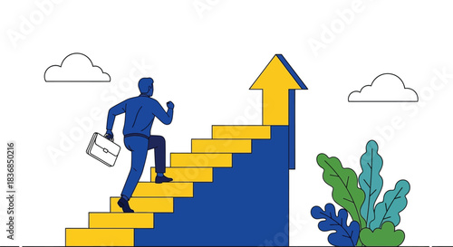 Determined person in suit climbs upward stairs towards success, symbolizing ambition and growth.
