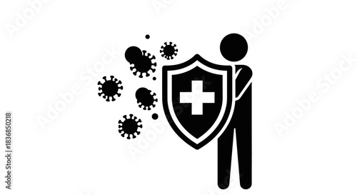 Person holding shield protecting against airborne virus particles illustration