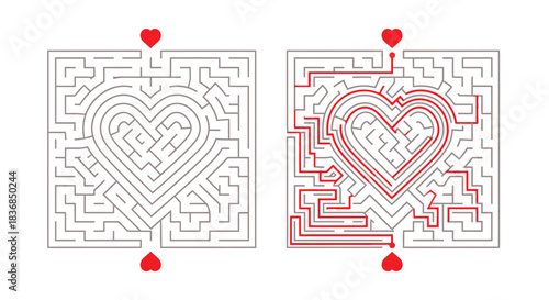 Heart-shaped maze with a solved path, symbolizing love's journey and challenges.