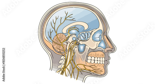 Detailed illustration of a human head with the skull and brain visible, showcasing nerves and facial structures in a medical context.