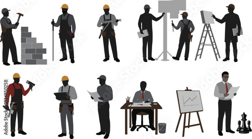 Professional Occupations and Work Activities Vector Set Featuring Construction, Business, Engineering, Art, Strategy, Teamwork, Office, and Creative Roles