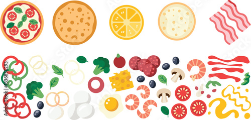 Assortment of pizza ingredients and toppings with whole pizzas food cooking