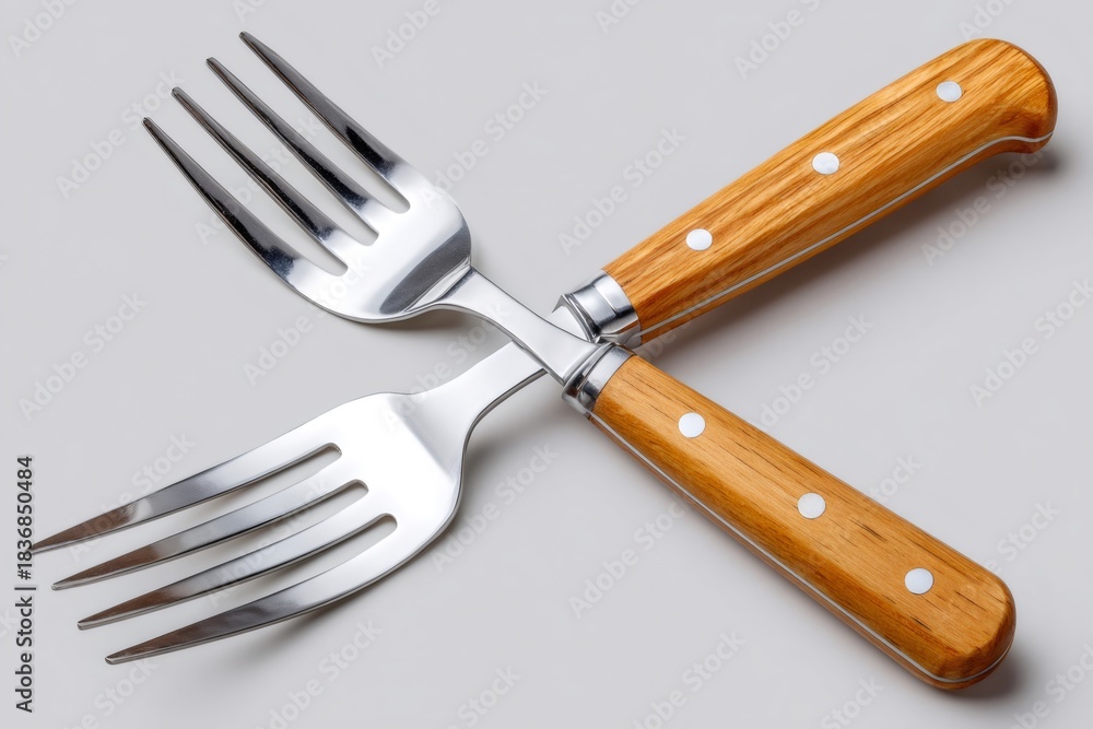 Naklejka premium Forks crossing with wooden handles on light background
