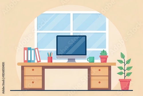 Minimalist home office desk with computer monitor and neatly stacked books by window