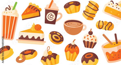 Assortment of sweet desserts including donuts, cupcakes, and coffee drinks sweets food