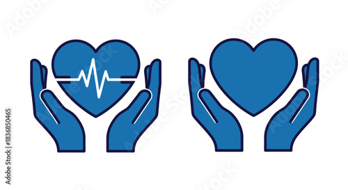Caring hands gently holding a healthy heart symbol and a heart with a vital sign