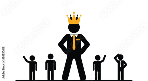Dominant figure wearing a crown stands tall above smaller silhouettes, symbolizing leadership or power.