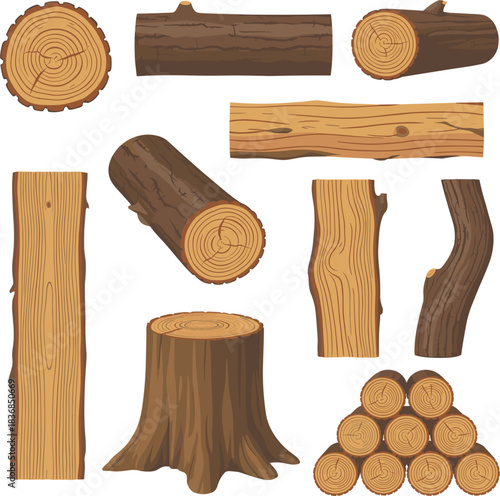 Assortment of Wood Logs and Tree Stump with Rings timber lumber