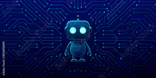 Cute robot standing in front of a circuit board background