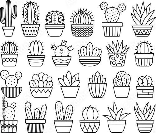 Black and white line art illustrations of various potted cacti and succulents Keywords: cactus