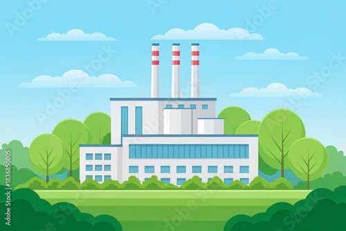 Modern industrial factory building with tall smokestacks surrounded by lush green trees and a clear blue sky