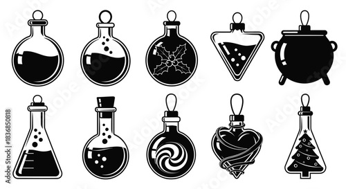 Whimsical collection of magical potion bottles and festive ornaments