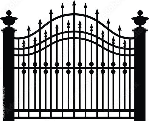 Black ornate wrought iron garden gate with finials and urns Keywords: gate, iron, wrought iron