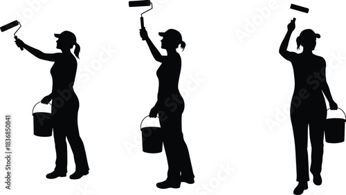 Silhouette of painter holding roller and bucket, painting wall, home renovation, labor work, construction service, DIY improvement concept