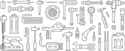 Collection of black and white line art automotive and mechanical tools Keywords: tools