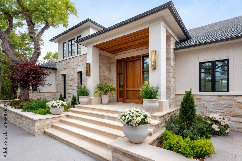 Fototapeta premium Modern luxury house entrance with stone facade and landscaping