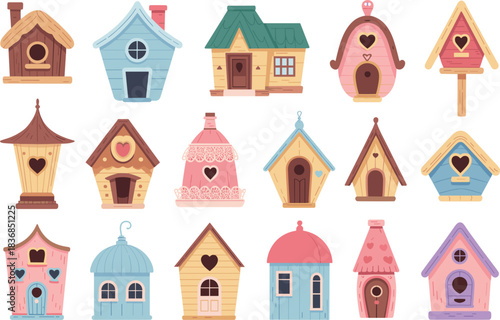 Collection of charming and colorful cartoon birdhouses in various designs home nesting box