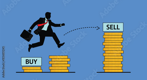 Businessman leaping from buy to sell stacks of coins, symbolizing investment growth and financial strategy