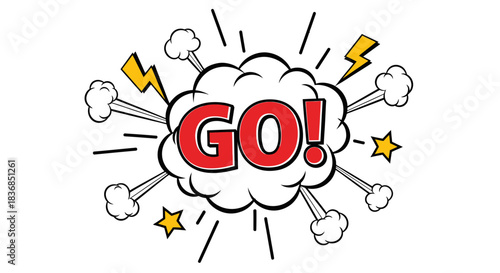 Dynamic comic book explosion with the word GO!, signifying action and excitement