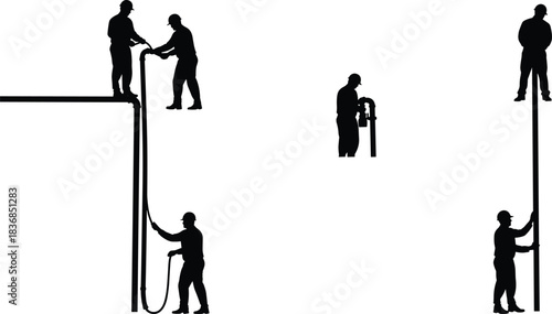 Silhouette teamwork rescue climbing vector illustration showing rope support, mountain safety, rappelling coordination, outdoor adventure and emergency cooperation scene