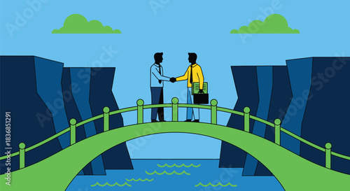 Two business people shake hands, bridging a gap over water, symbolizing partnership and agreement.