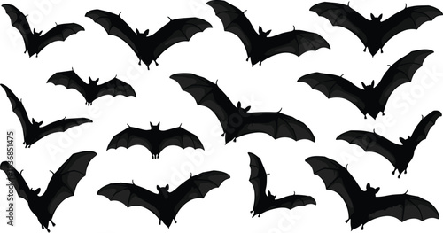 Flying bats vector silhouette collection, dark nocturnal creatures in various wing positions, perfect for Halloween designs, spooky themes, and eerie graphic illustrations