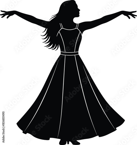 Graceful Dancing Woman Black Silhouette Vector Illustration, Elegant Female Figure in Long Dress with Flowing Hair, Artistic Graphic for Dance Studio, Theatre, Music, or Fashion Design Content