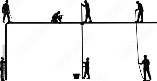 Silhouette workers on elevated pipe structure performing teamwork, inspection, maintenance, and construction tasks in industrial setting with minimal design
