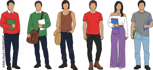 Modern diverse group of college students standing together in casual outfits, holding books and bags, contemporary education lifestyle vector illustration