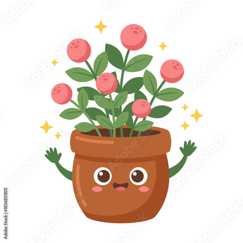 Cheerful cartoon potted plant with smiling face and pink round flowers vector illustration for garden and botany design