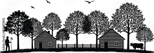 Rural countryside farm scene with log cabins, trees, farmer silhouette, grazing cattle, flying birds, detailed nature landscape vector illustration for rustic outdoor design