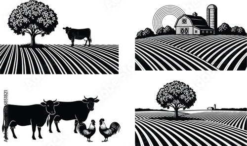 Rural farm landscape and livestock silhouette vector illustration set featuring cows, roosters, barns, trees, and cultivated field lines for agriculture, countryside, and farming design themes