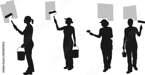 Silhouette workers painting wall with rollers and buckets, teamwork concept, minimal vector art for labor, construction, renovation, maintenance themes