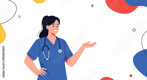 A smiling female healthcare professional in blue scrubs with a stethoscope gestures with an open hand, presenting information against a vibrant, abstract background.
