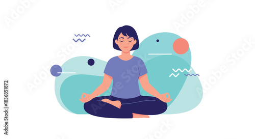 A peaceful woman meditates in the lotus position, surrounded by abstract, calming shapes, promoting tranquility and inner harmony.