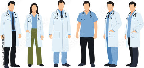 Vector illustration of diverse medical professionals, including doctors and healthcare workers in lab coats and scrubs, standing together in professional poses.