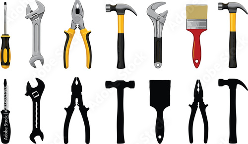 Vector illustration set of essential hand tools with colored and silhouette versions, including screwdrivers, wrenches, pliers, hammers, and brushes for construction projects.